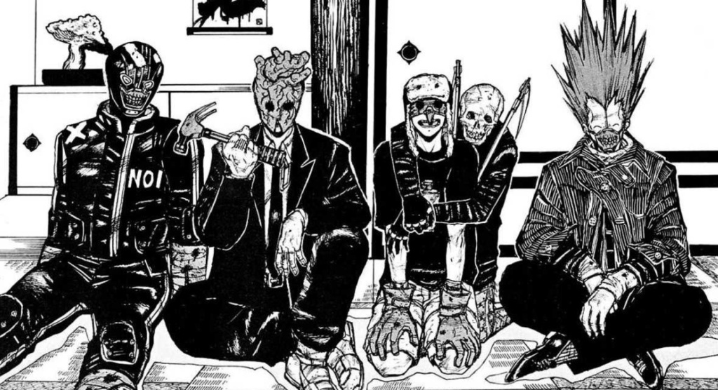 Noi, Shin, Fujita, Ebisu y En del manga Dorohedoro sentados juntos de frente a la cámara.